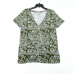 Merona T-Shirt Women's XXL Green Abstract Triangle Pattern V-Neck Short Sleeve